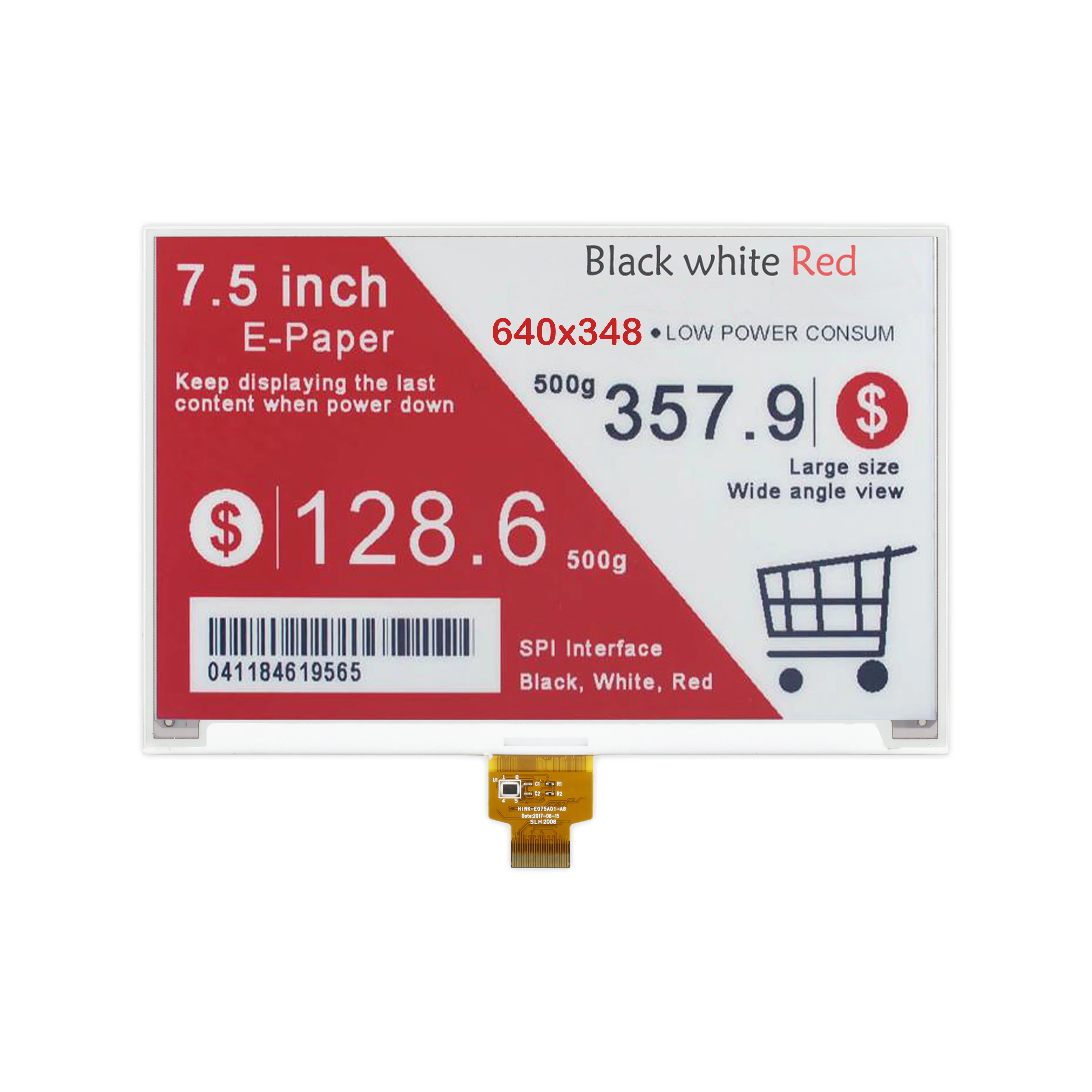 HINK-E075A01 7.5inch E-Ink Display HAT 640x384 Resolution SPI interface Compatible with Raspberry Pi 3B/3B+/Zero