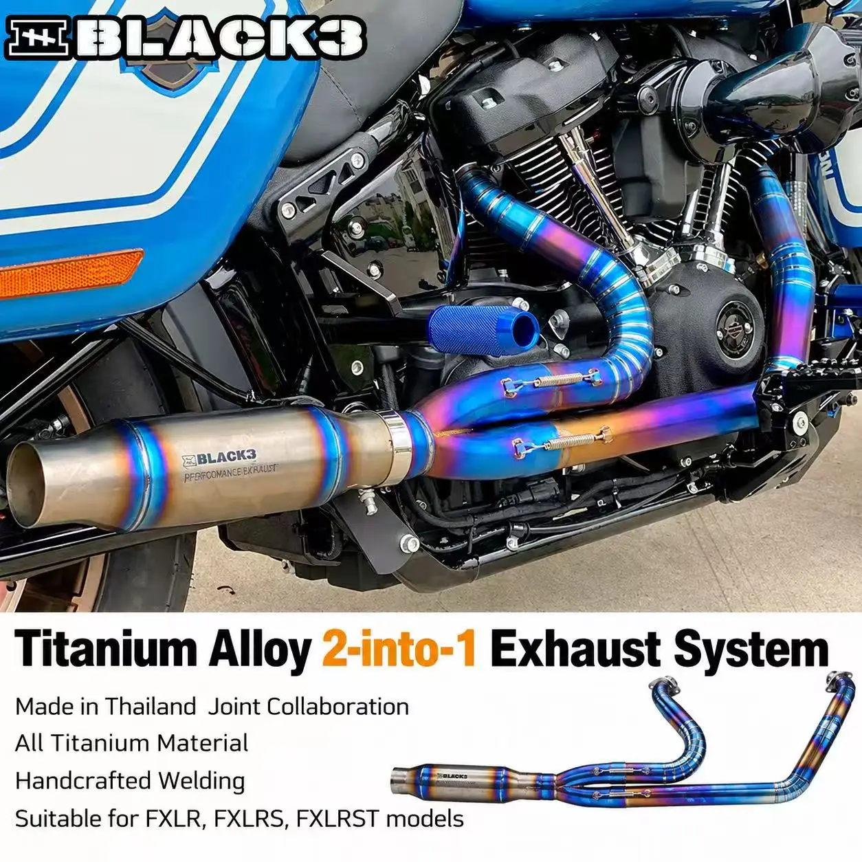 Thai Rabbit × Black3 Co-branded 2-into-1 Titanium Full DS Exhaust, Ultra Light Pipe For Harley Low Rider ST Breakout Modificatio