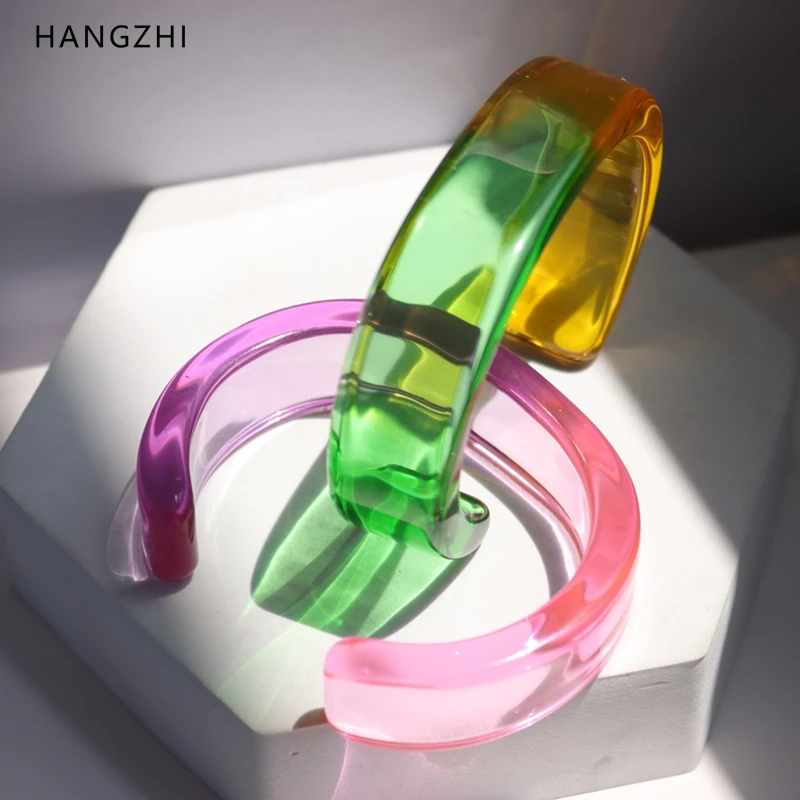 HANGZHI Summer New Trendy Color Clear Wide Version Square Acrylic Resin Bracelet For Women Girls Party Travel Jewelry 2022