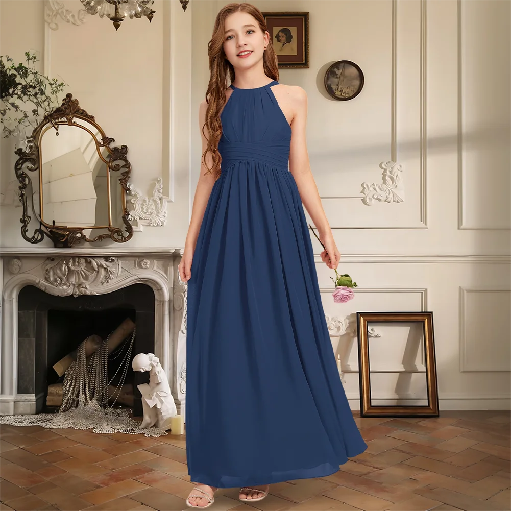 

A Line Halter Floor Length Chiffon Junior Bridesmaid Dress Sleeveless With Ruched Waist Flower Girl Dress Wedding Formal