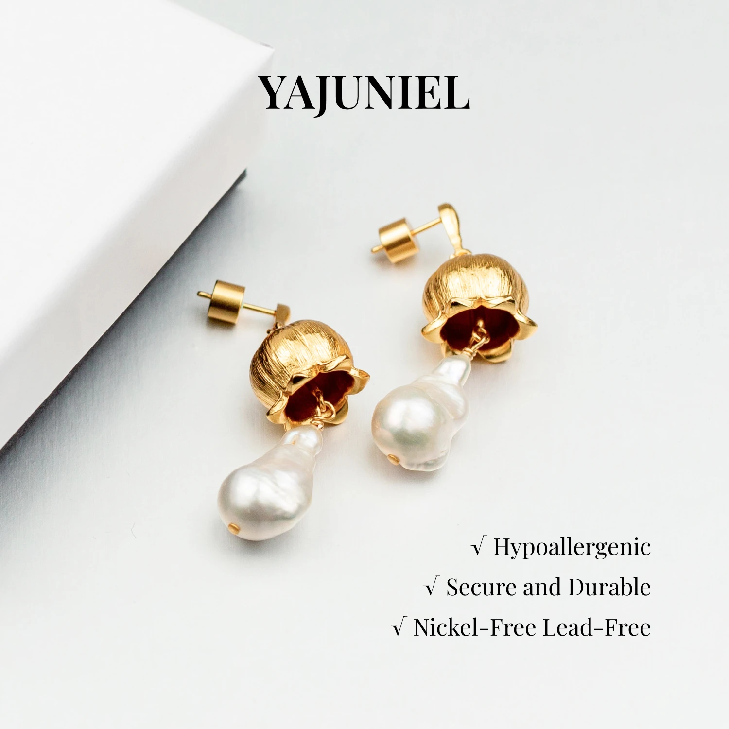 YAJUNIEL Flower Bud Earrings with Natural Baroque Pearl 24K Gold Plated Brushed Finish Drop Earrings for Women Jewelry Gift