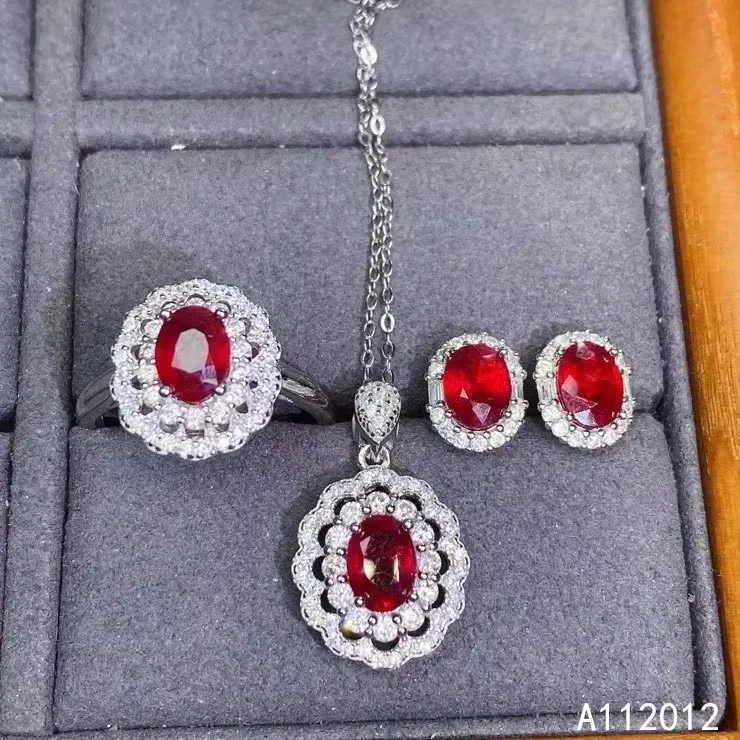 925 sterling silver electroplated white gold inlaid natural ruby ring pendant earrings women's set give girlfriend Christmas wed