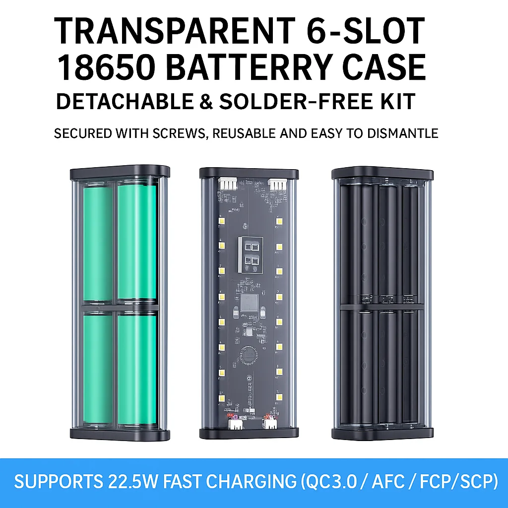 DIY 18650 Power Bank Shell Kit with LED Camping Light | 22.5W Fast Charging QC3.0 Type-C Output | No Battery Included