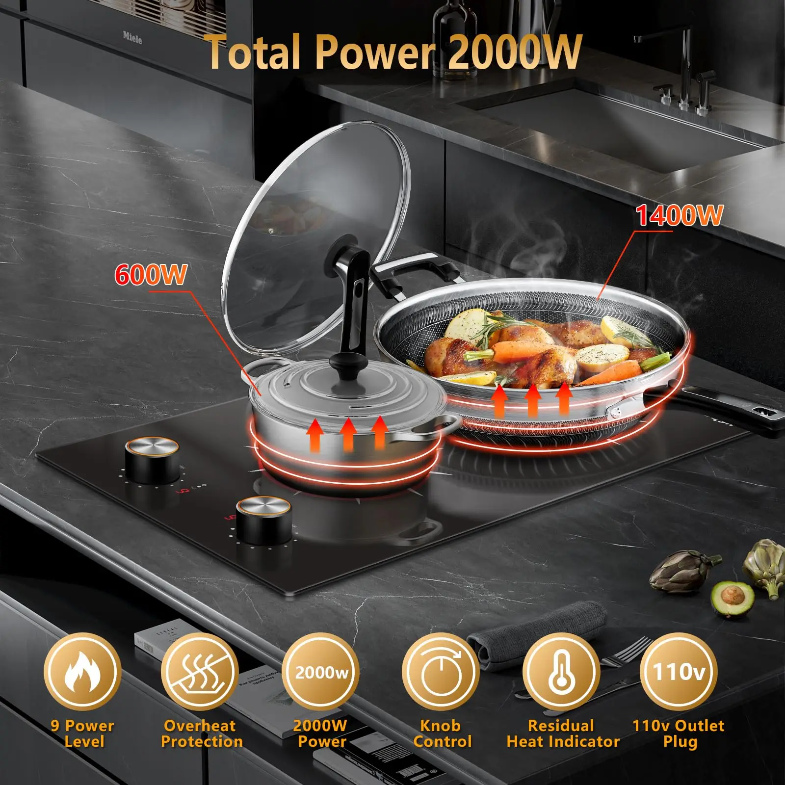 Cooksir 2 Burner Electric Cooktop，12 Inch Built-in with Knob，9 Power Level Control, Over Heat Protection，2000W，110-120V Plug in