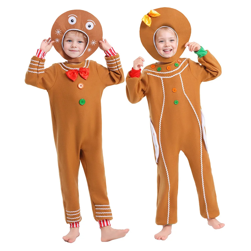 Kids Gingerbread Man Fancy Dress Costume Jumpsuit With Hat Christmas Cookie Gingerbread Costume For Child Boys Girls