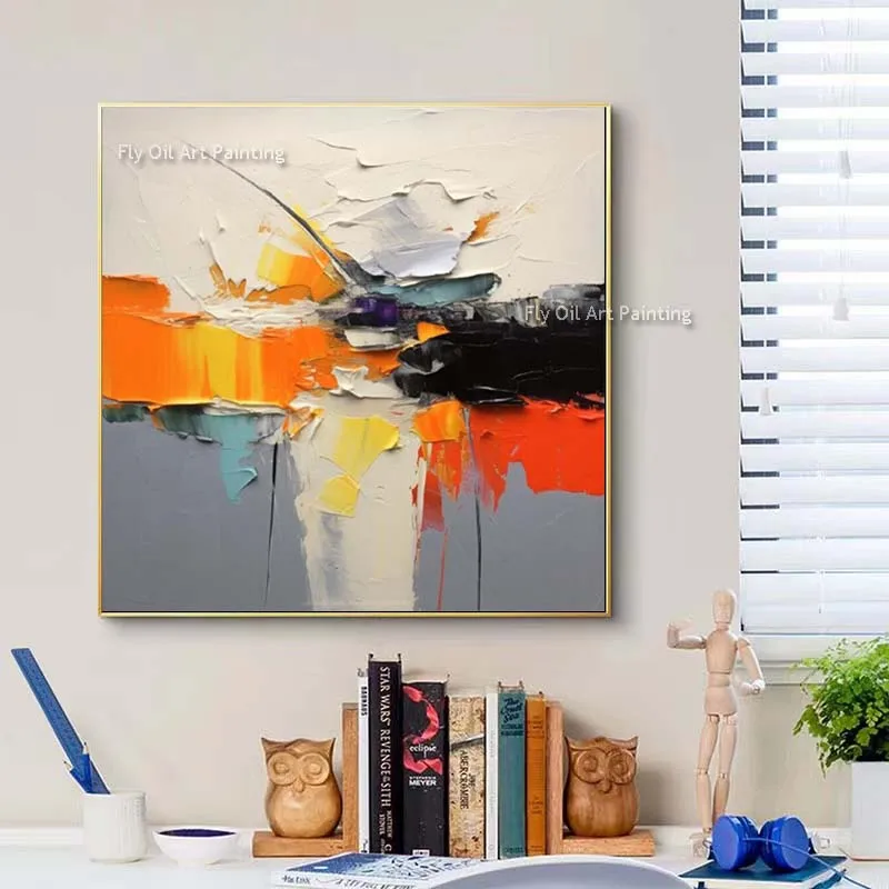 Abstract Color Mix Thick Oil Painting Handmade White Orange Gray Black Canvas Painting Knife Artwork Decor For Home Office