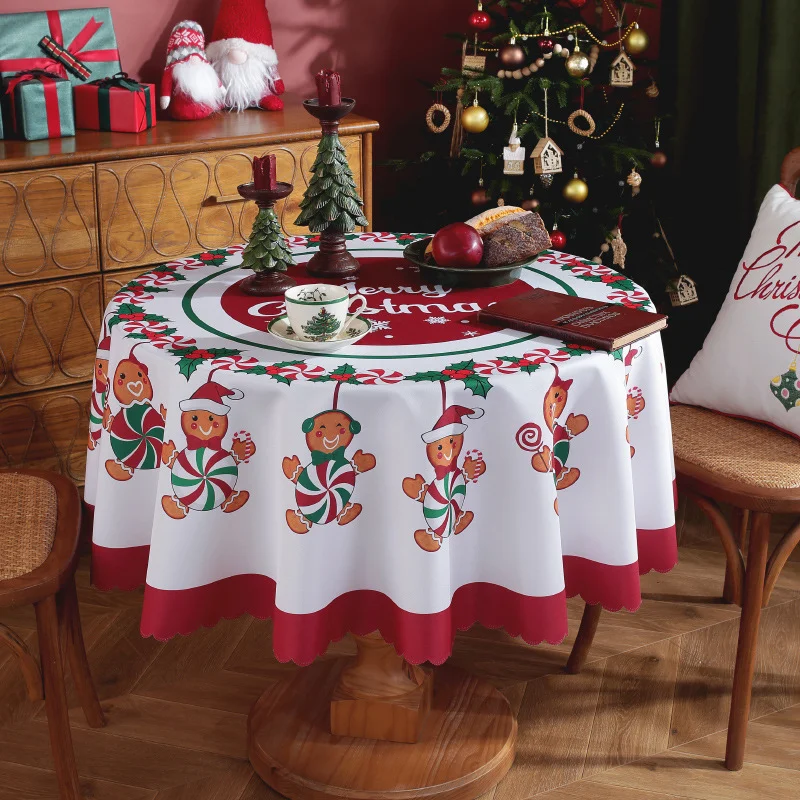 Christmas Round Tablecloth 120 150 180cm Gingerbread Man Pattern Holiday Table Cover For Family Dinner Party Decoration