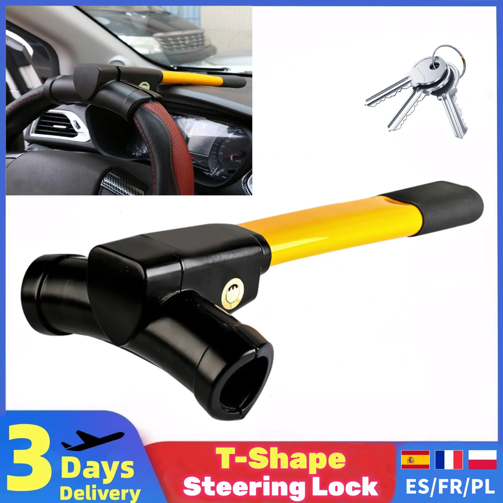 T-Car Steering Wheel Lock Heavy Duty Stainless Lock Universal Anti-theft Car/Van Security Rotary Enhance Automobile Security