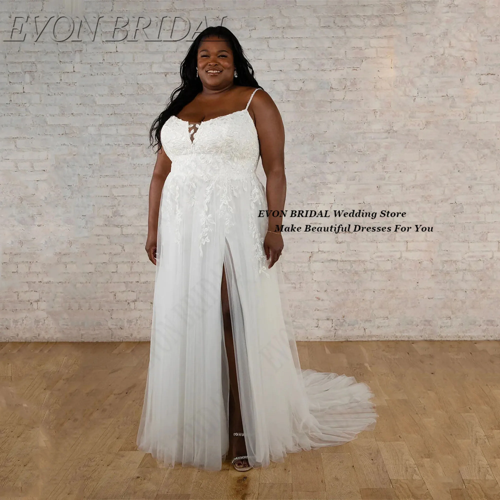 Vestido de noiva com alças espaguete, divisão alta, plus size, apliques personalizados, vestido de noiva, trem pequeno, evon nupcial