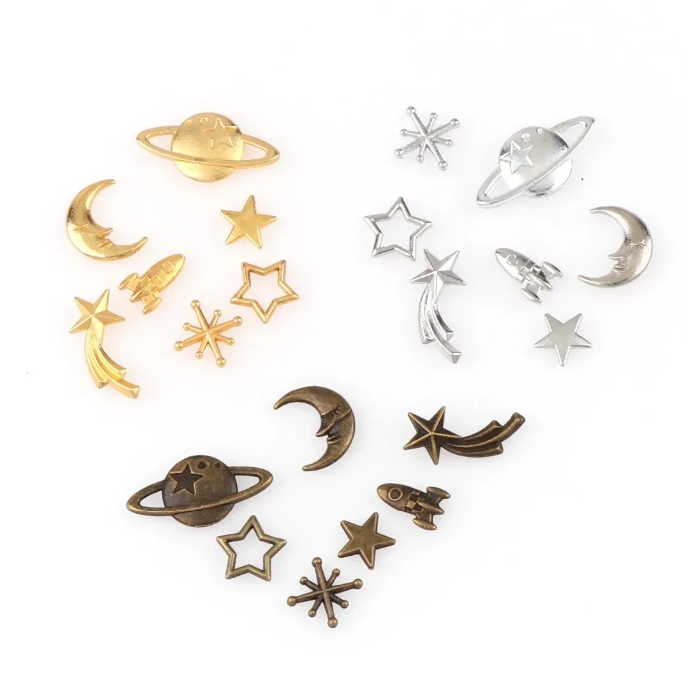 Mix 35pc Universe Planet Rocket Cat uśmiechnięta twarz księżyc materiał metaliczny epoksydowa forma tworzenia biżuterii wypełnienie dla DIY biżuteria — zdjęcie 2