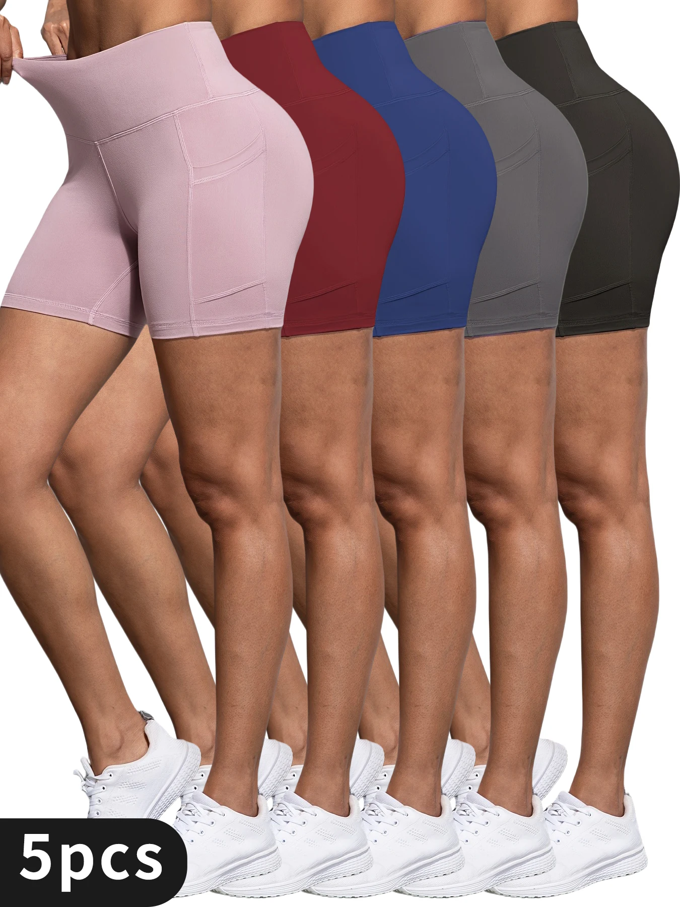 

5PC Somen's High-Waisted Training Shorts with Dual Pockets,Compression Fit Performance, Quick-Drying,Perfect for Cycling Jogging