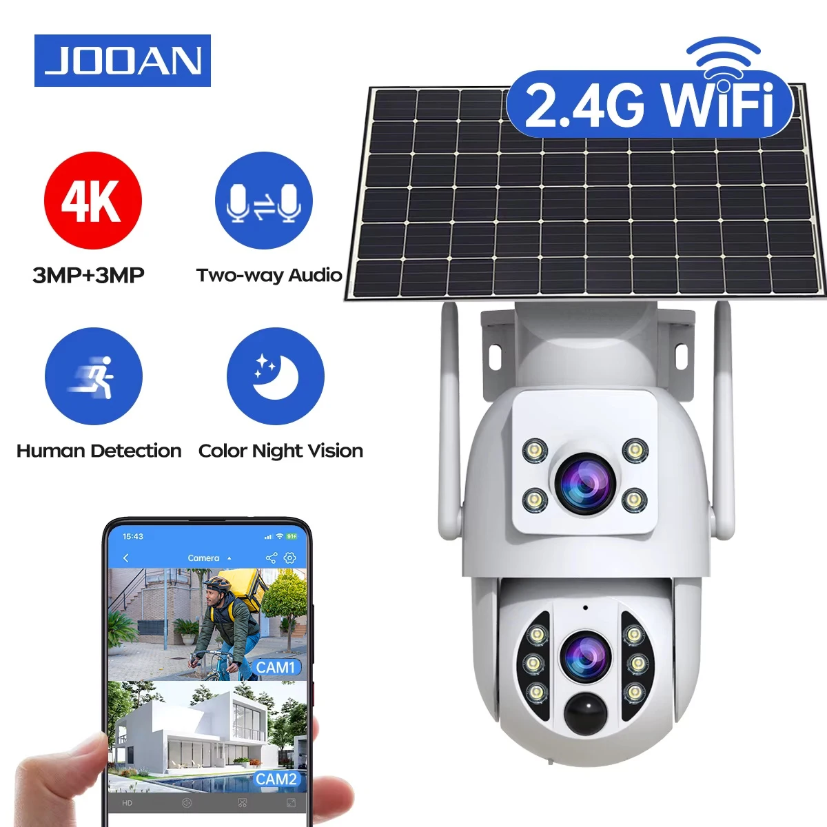 

JOOAN 6-мегапиксельная солнечная Wi-Fi камера, беспроводная уличная солнечная IP-камера с двумя объективами, PIR, обнаружение человека, аккумуляторная камера ночного видения, камера видеонаблюдения
