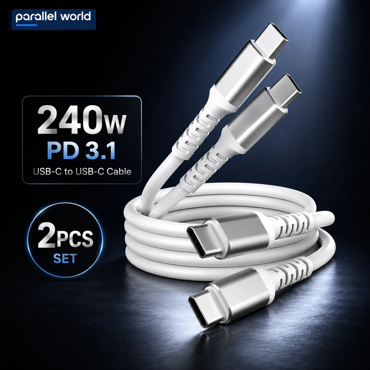 2PCS Type C- USB C Cable White 240W PD3.1 Fast Charging Cable with E-Marker Chip Nylon Braided Type C Cable for Laptop MacBook