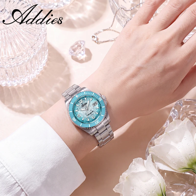 ADDIES 36mm Quartz Woman Watch 316L Stainless Steel 50m Waterproof Sport Date Display Business Woman Wristwatch Luminous Gift
