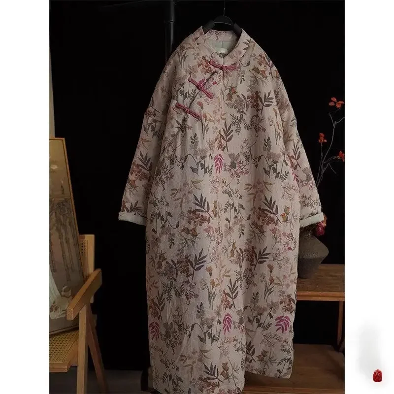Retro Ramie Printed Slant Breasted Quilted Dress For Women Mid Length Cotton Clothes Winter Chinese Zen Warm Robe Jacket a456 — zdjęcie 2