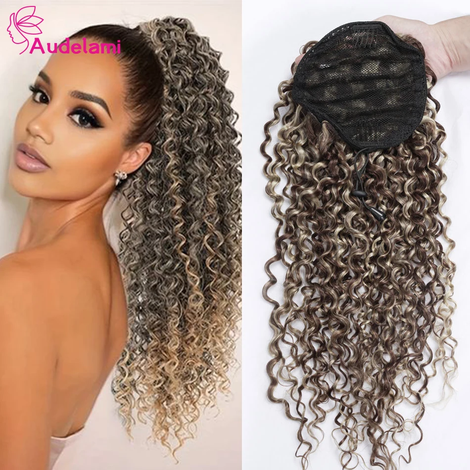 Audelami Water Wave Ponytail Extension Drawstring Ponytail Real Human Hair For Women 14-28Inch Long Hair Clip in Hairpiece