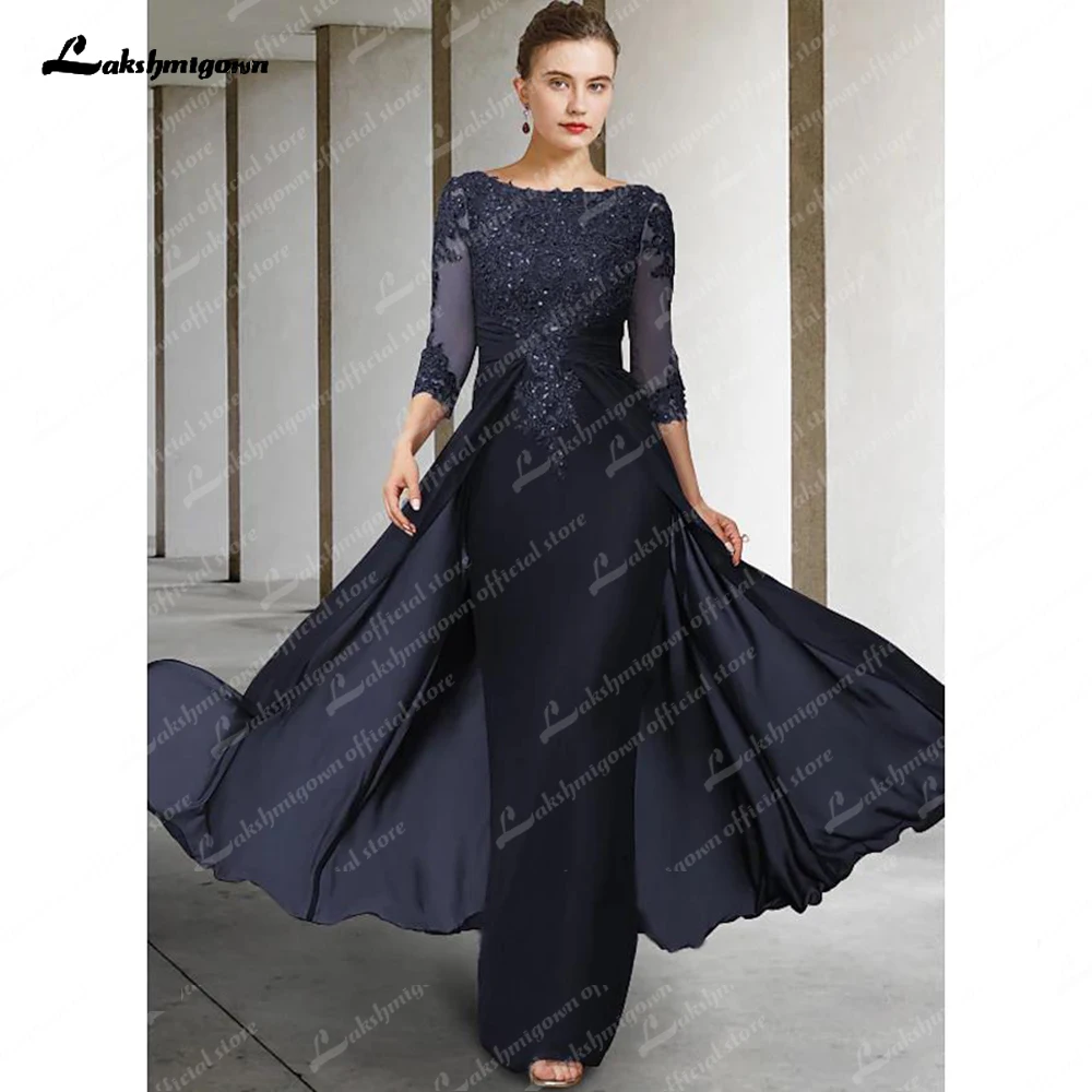 Sheath Mother of the Bride Dress Elegant Sparkle Jewel Neck Asymmetrical Floor Length Chiffon Lace 3/4 Length Sleeve with Sequin