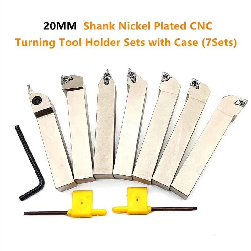 CORIT 7Sets of 20MM Shank Nickel Plated CNC Lathe Turning Tool Holder with Carbide Inserts and Wrenches in Case Set Turning Tool