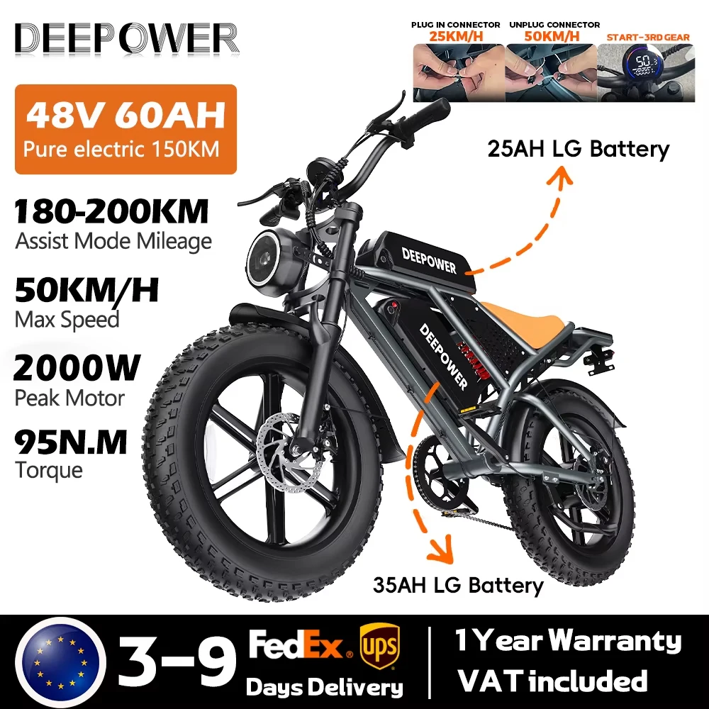 DEEPOWER QS7 2000W Elektrische Fiets 48V60Ah Dubbele Accu 20 Inch Vetband E-Bike Mountain Snow Elektrische Fiets voor Volwassen Mannen en Vrouwen