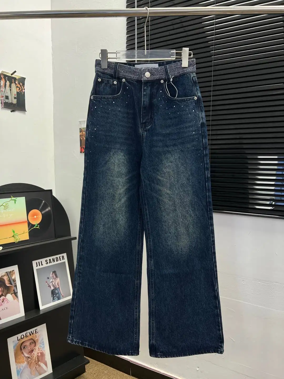 

Retro hot diamond craftsmanship women's jeans high-waisted elastic comfortable retro fashion 25 new washed straight-leg jeans