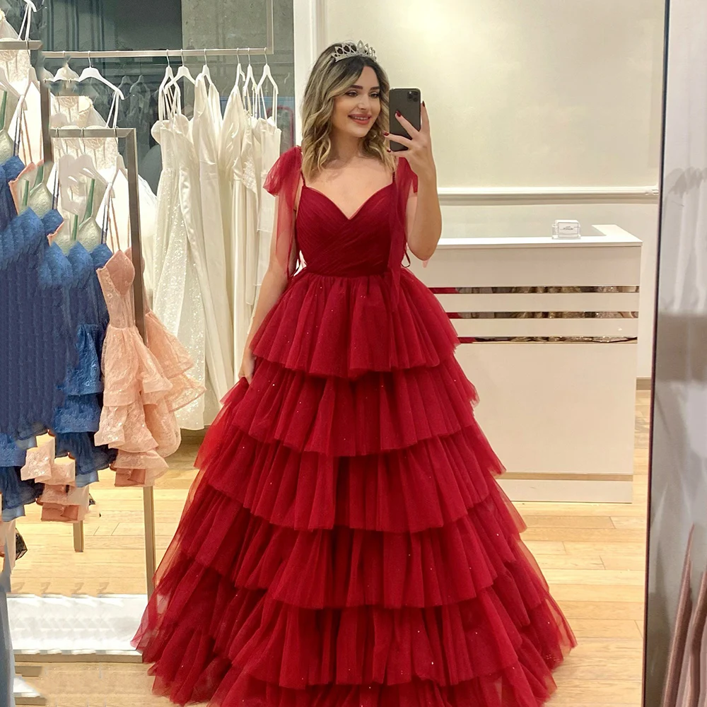 

Msikoods Customized Red Tulle Tiered Prom Gown Girl V Neckline Quinceanera Dress Luxury Off-Shoulder Elegant Evening Party Dress