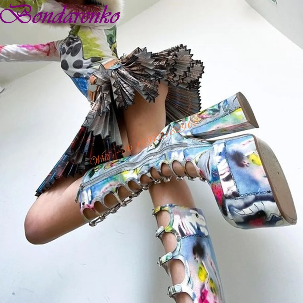 Sexy Hollow Buckles Sandal Boots Platform Printed Round Toe Knee High Women Shoes Chunky High Heels Zipper Boots Spring Summer