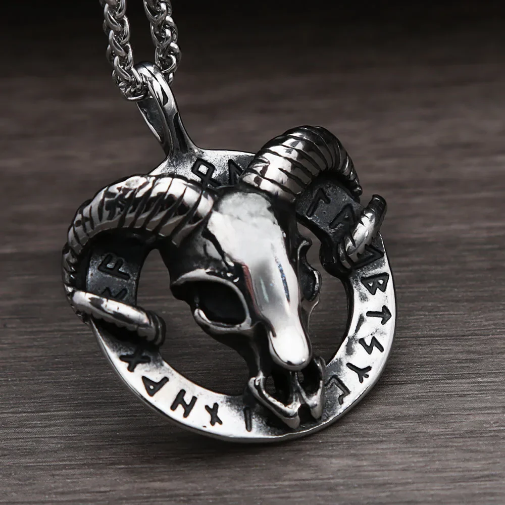 Vintage Gothic 316L stal nierdzewna głowa kozy wisiorek z czaszką Nordic Viking Rune naszyjnik dla mężczyzn moda Amulet biżuteria hurtowych — zdjęcie 2