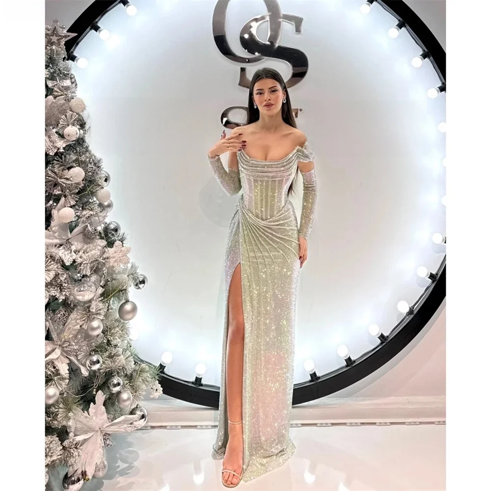 Contessa Dubai op maat gemaakte zilveren glanzende galajurk met mouw off-shoulder vestidos de noche zijhoge split formele evenementenjurk - afbeelding 2