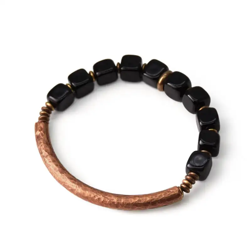 4PX Cubic Black Obsidian Bracelet With Handcrafted Antique Copper Accessories Trendy Protection Stone Jewelry for Men and Women