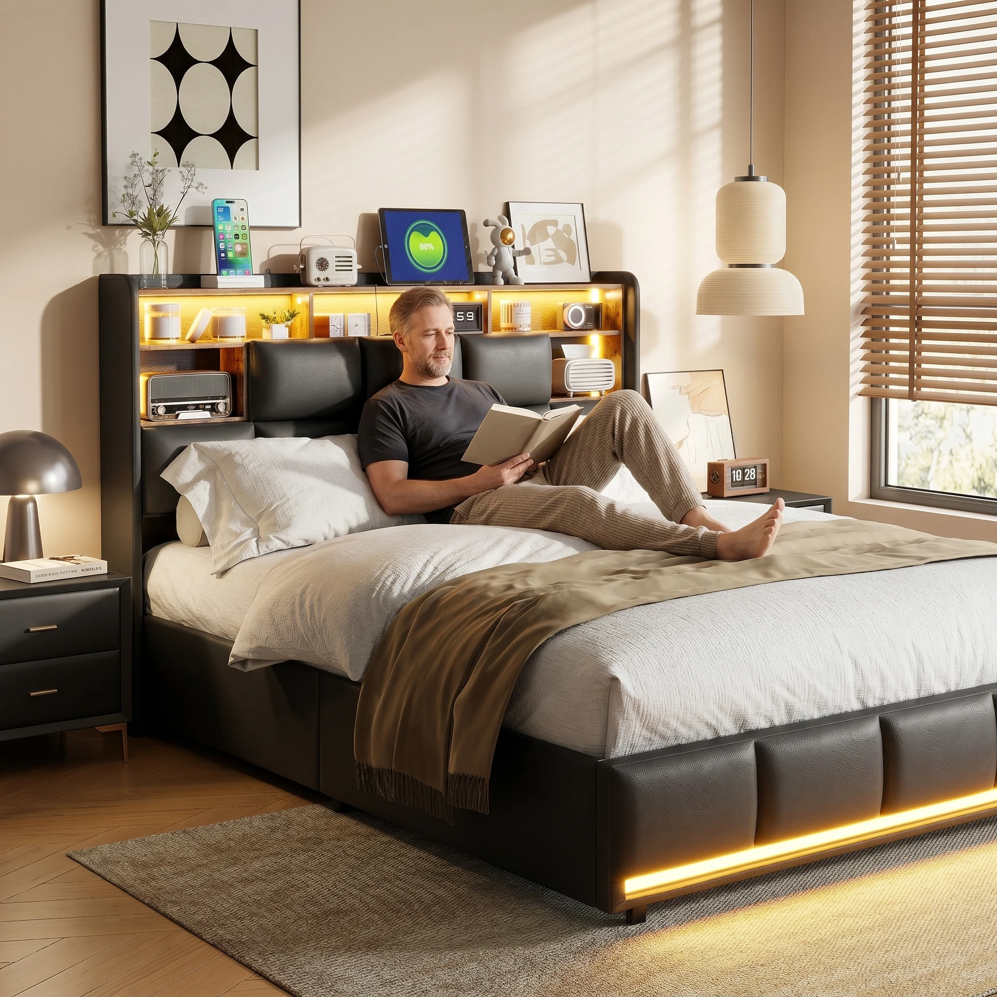 Anajqaqia Cama hidráulica de 160 x 200 cm, cama tapizada con LED y estación de carga USB, con somier, cama doble, PU, ​​negro