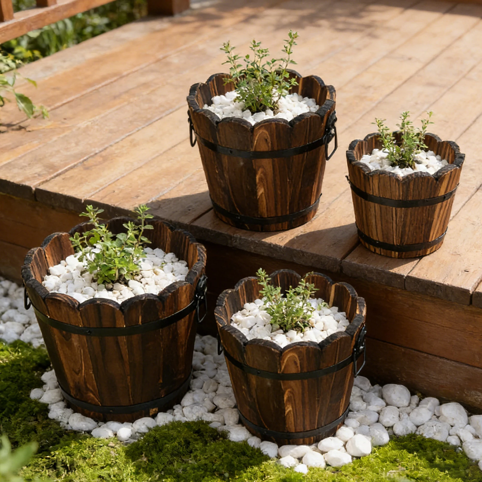 4Pcs Flower Pot Set Wooden Garden Pots Lightweight Plant Container Decoration Pots for Plants Home Garden Yard Patio Farmhouse