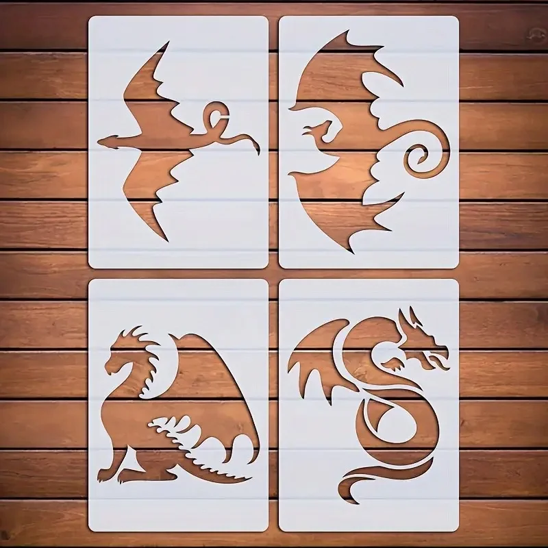 4-teiliges Drachen-Schablonen-Set – fliegende, sitzende, hochfliegende, gedrehte Designs für Wand-, Holz-, Stoff- und Leinwand-DIY-Bastelarbeiten
