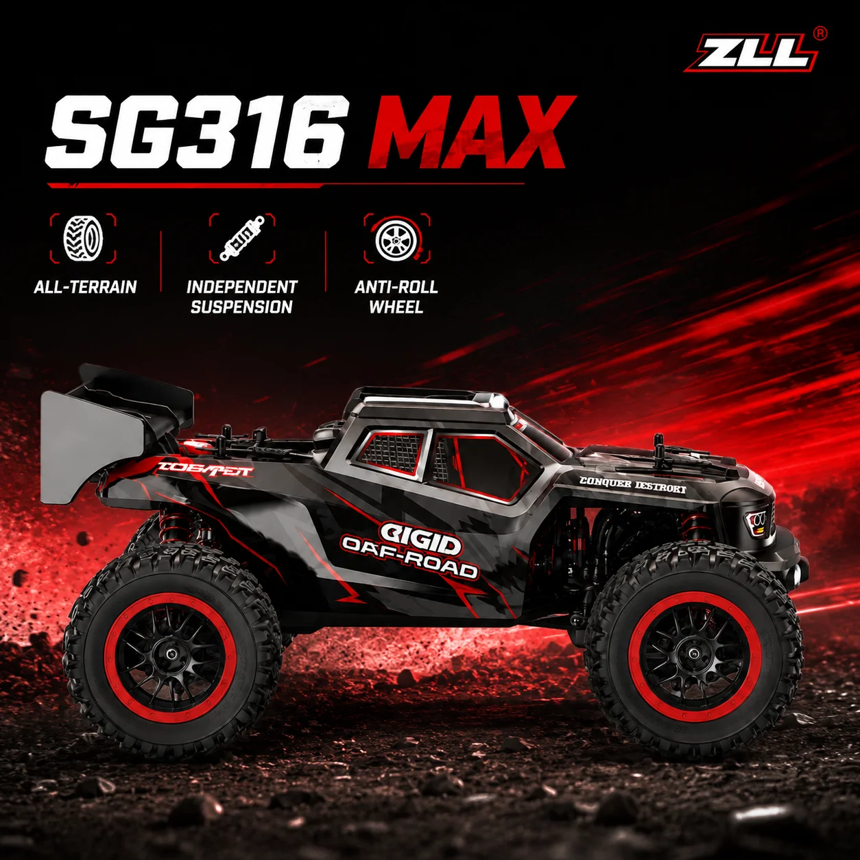 1/16 RC Offroad-Truck, Hochgeschwindigkeits-Rennwagen 80 km/h, 4WD, 2,4G-Steuerung mit LED-Rücklicht, lange Betriebszeit, ideal für Kinder