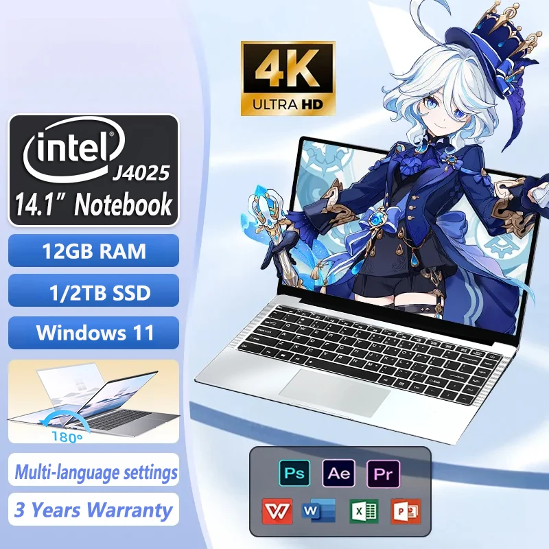 New Laptop Windows 11 Intel  J4025 180° Folding Slim Laptop Gamer 12GB RAM 512GB 1TB SSD 1920*1080 Office Study Computer PC