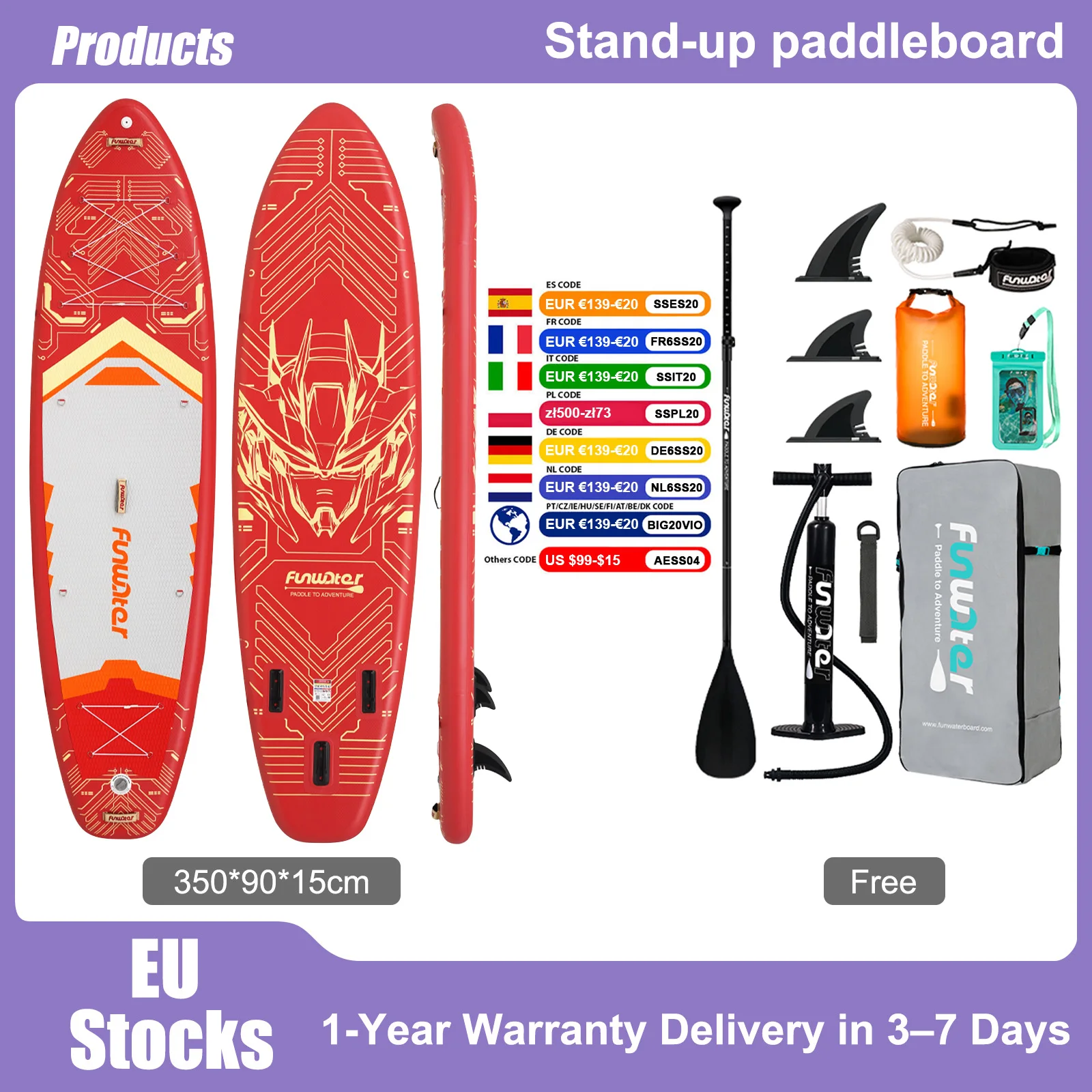 Planche SUP Feath-R-Lite, planche de paddle gonflable, planche de surf portable avec technologie Drop Stitch, planche de sports nautiques avec surface antidérapante.