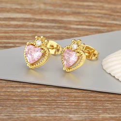 Nidin New Arrival Romantic Heart Shape Inlaid Pink Zircon Charm Stud Earrings For Women Birthday Party Ear Jewelry Delicate Gift