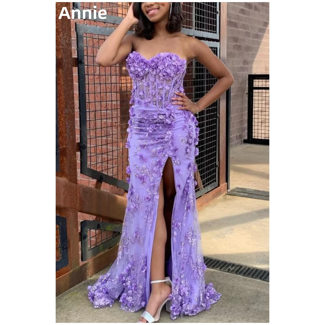

Annie Lavender Purple Prom Dresses Glitter Embroidery 3D Flowers Evening Dresses Slim Fit Off Shoulder Party Dresses فساتين سهرة
