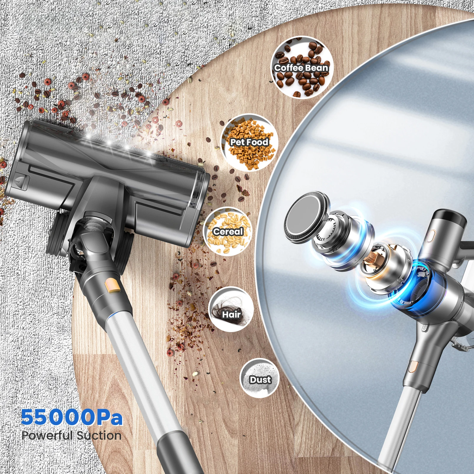 مكنسة كهربائية لاسلكية Inse S9X، 55 كيلو باسكال، 55 دقيقة، كوب غبار 1 لتر، بطارية عرض خفيفة، لشعر الحيوانات، السجاد