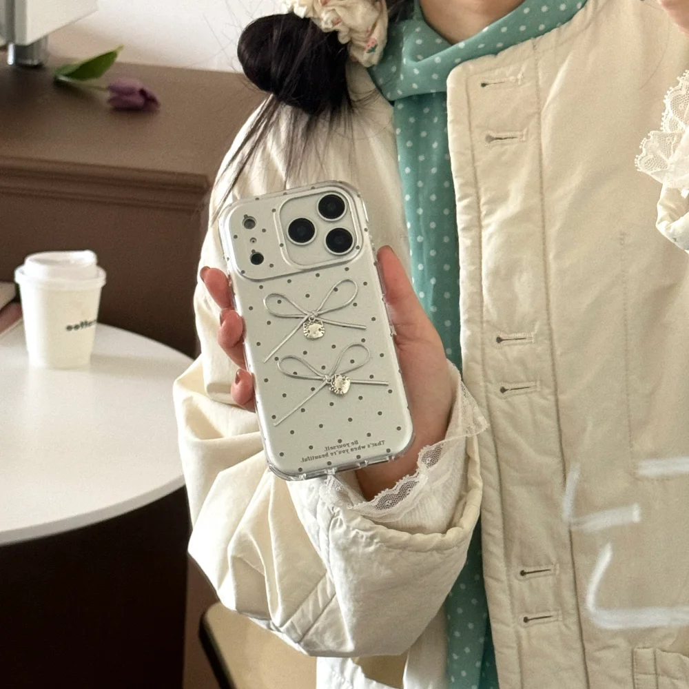 

Electroplated Gray Dot Bow Tie Kitty Cat Phone Case for iPhone 14/15/16/17 Pro Max, Popular New Style Shockproof Protective Case