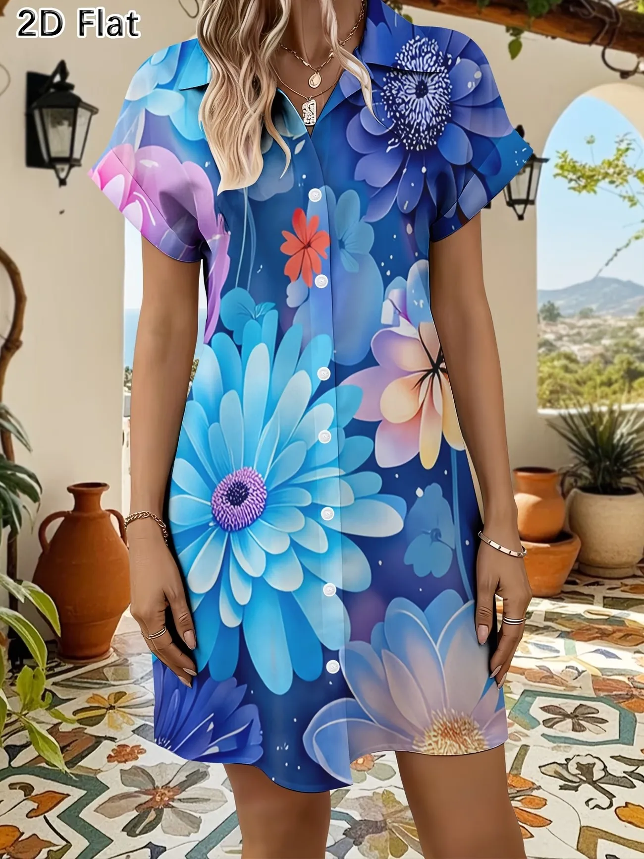 Ladies 3D Colorful Flower Print Mini Dress Turn-down Collar Short Sleeve Button-Up Casual Style Clothing