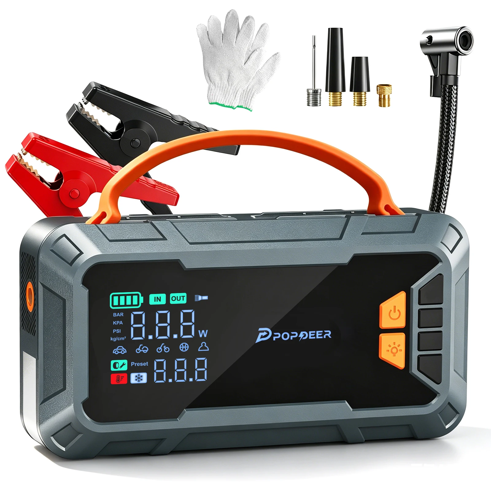 POPDEER PD-JAS3 6000A Démarreur de Voiture, Power Bank PD65W Portable, Pompe à Air 160PSI avec Gants Isolés, Écran LCD et Lumière LED