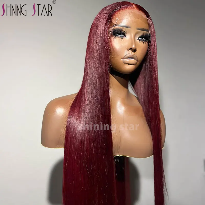 

34 Inch Dark Burgundy Lace Front Human Hair Wig 13X6 Bone Straight Hd Lace Frontal Wig 180 Density Colored Pre Plucked Lace Wig