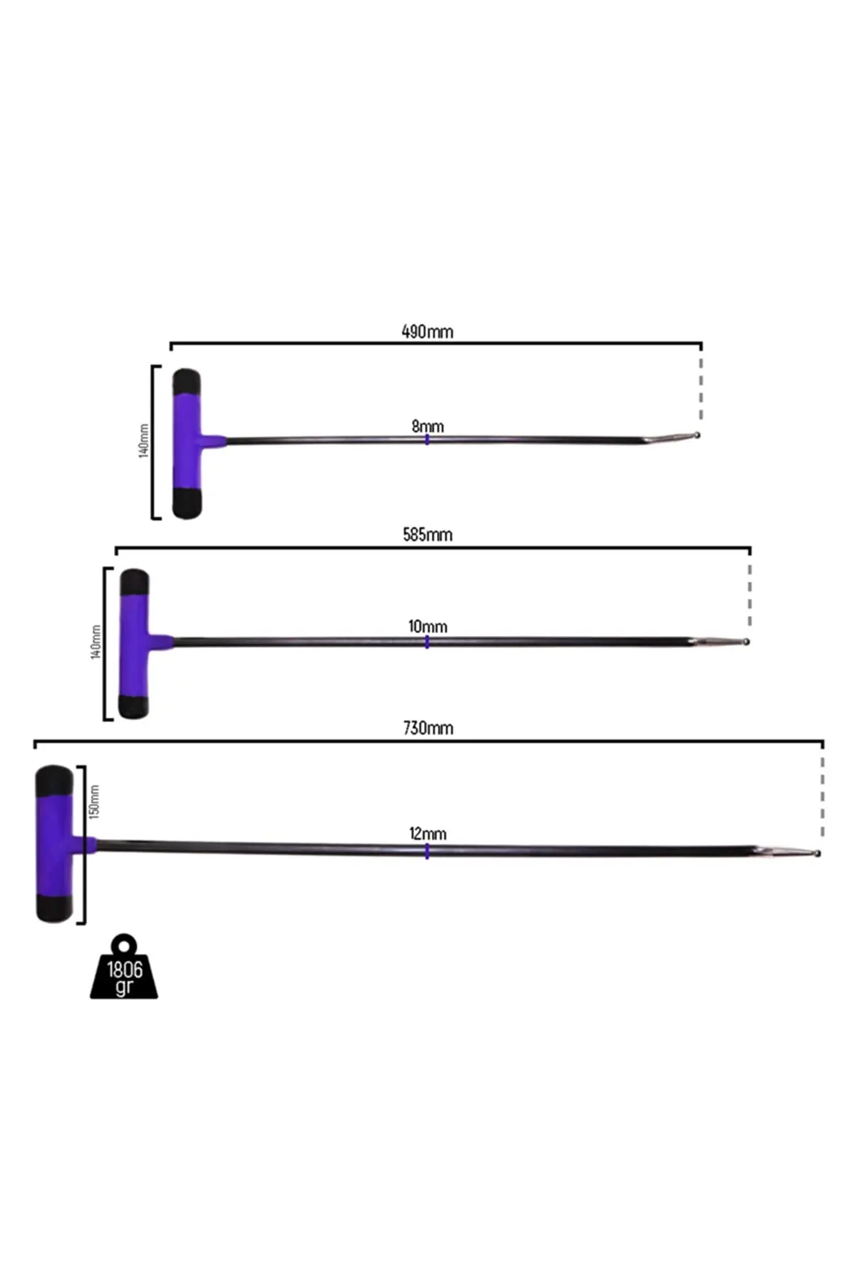 PDR Rod Set 3 Pieces Heat Treated Oxidised Spring Steel Convex Bar With Different Angles, Ergonomic Rubber Covered Handle