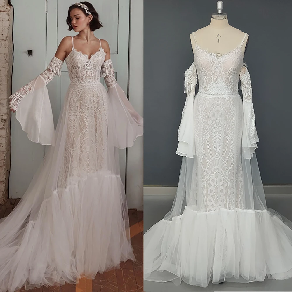 Spaghetti Straps Detachable Sleeves Lace Wedding Dress Custom Made Fit and Flare Tulle Skirt Boho Mermaid Backless Bridal Gown