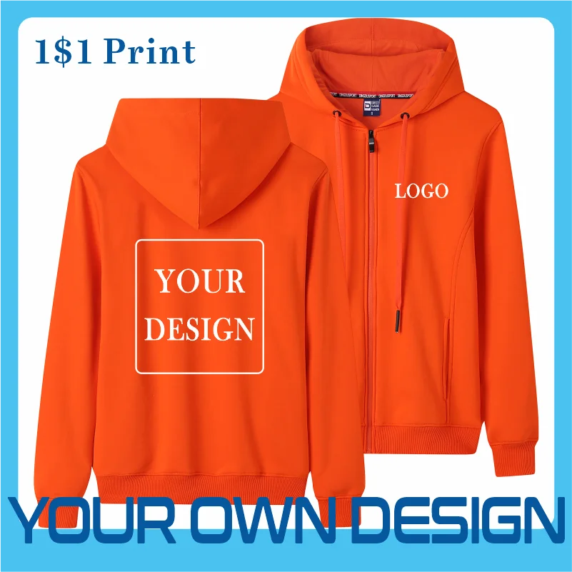 100% Cotton Winter Zipper Hooded Sweater Unisex Solid Color All-Match Coat Couple Embroidery Printing Customization 2022 New