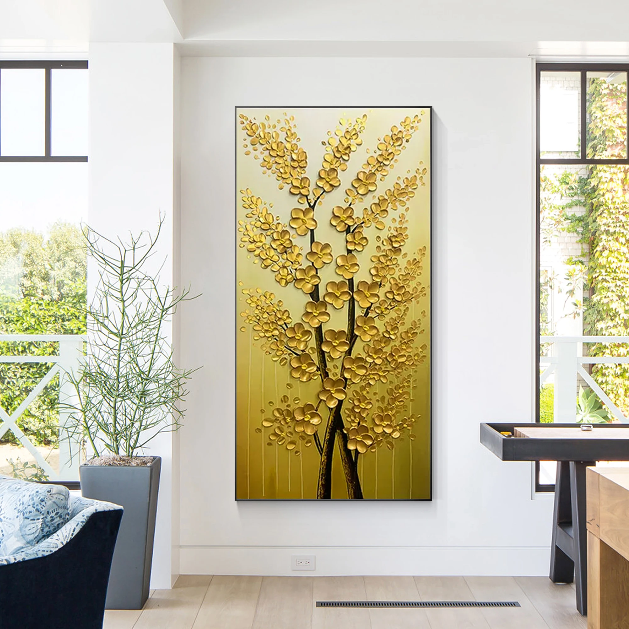 

Gold Tree Palette Knife Painting Tree Leaf Painting On Canvas Extra Large Vertical Livingroom Bedroom Wall Art Decor