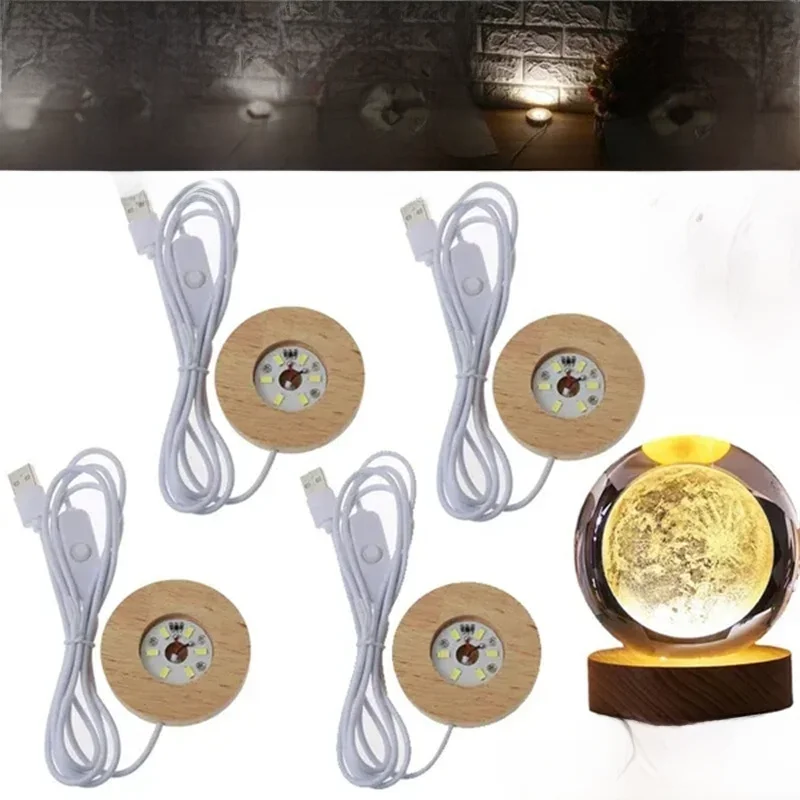 Base d'affichage LED en résine de bois faite à la main, USB ronde en bois, Base de lampe de nuit pour chambre à coucher, support d'ornement en résine, veilleuse à monter soi-même, 1/2/3/4 pièces