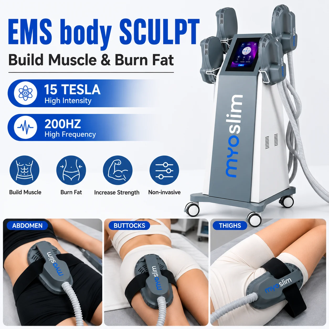 

MYOslim EMS Body Sculpting Electromagnetic Stimulator Sculpt Muscle Shaping Equipment for Salon 6500W 4 Handle