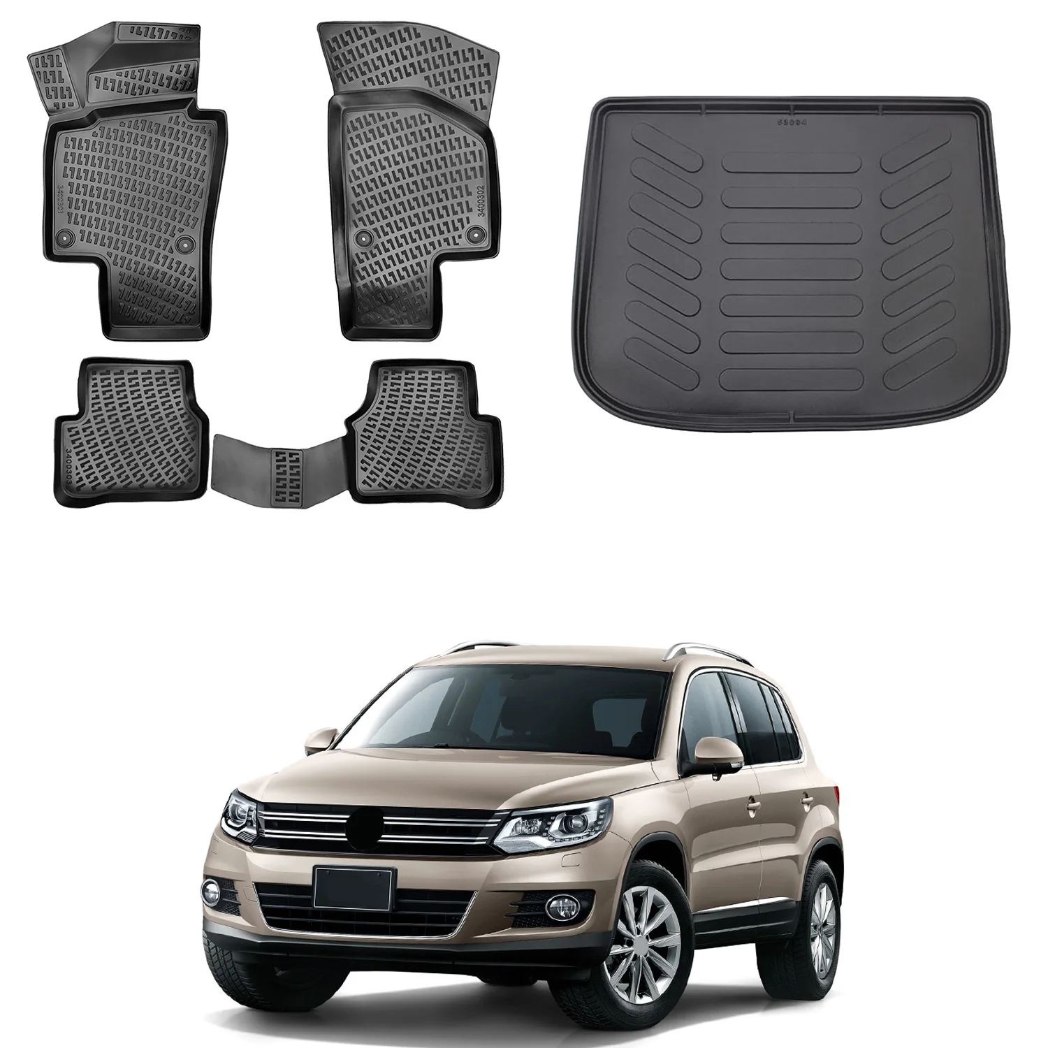 Floor Mats + Cargo Trunk Liner Fits Volkswagen Tiguan 2007-2017 Set - All Weather Maximum Coverage - Water Resistance