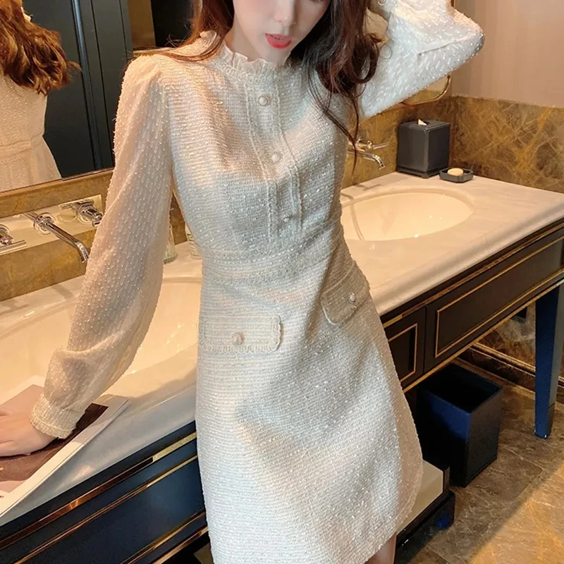 Sweet Spring Korean Elegant Long Party Fairy Women Tweed Boho Beach Vacation Dress Robe Femme